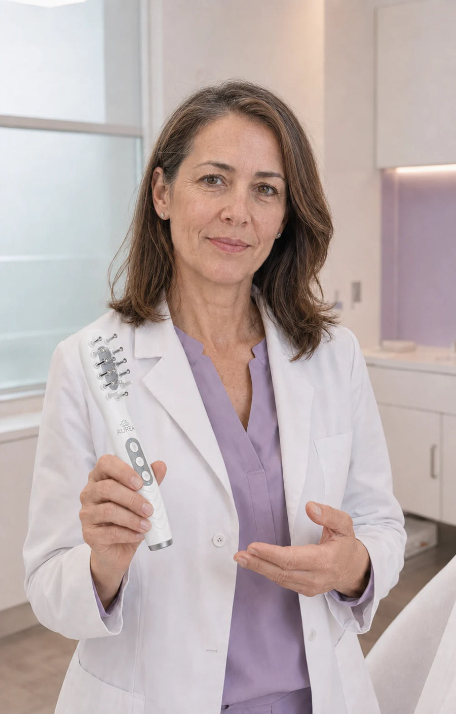 Dermatologist holding the Aurea Scalp Renewal System 2.0